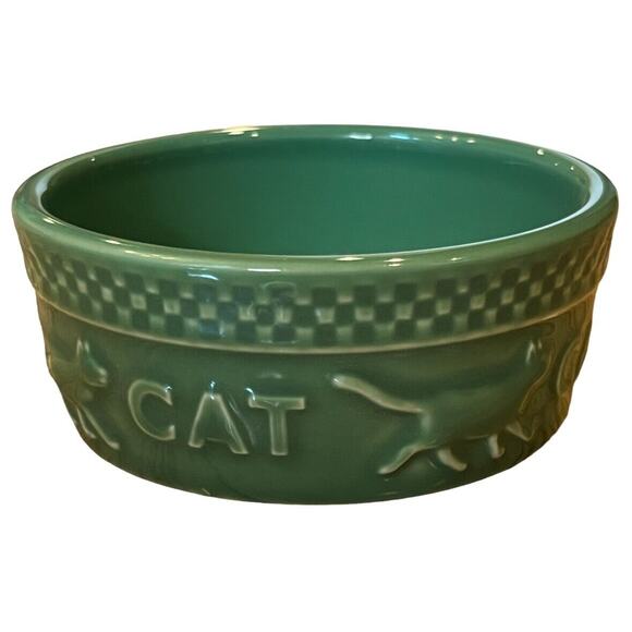 Longaberger Mulligan Stoneware Cat Food Bowl Dish Green 5" Retired Basketweave - Picture 2 of 4